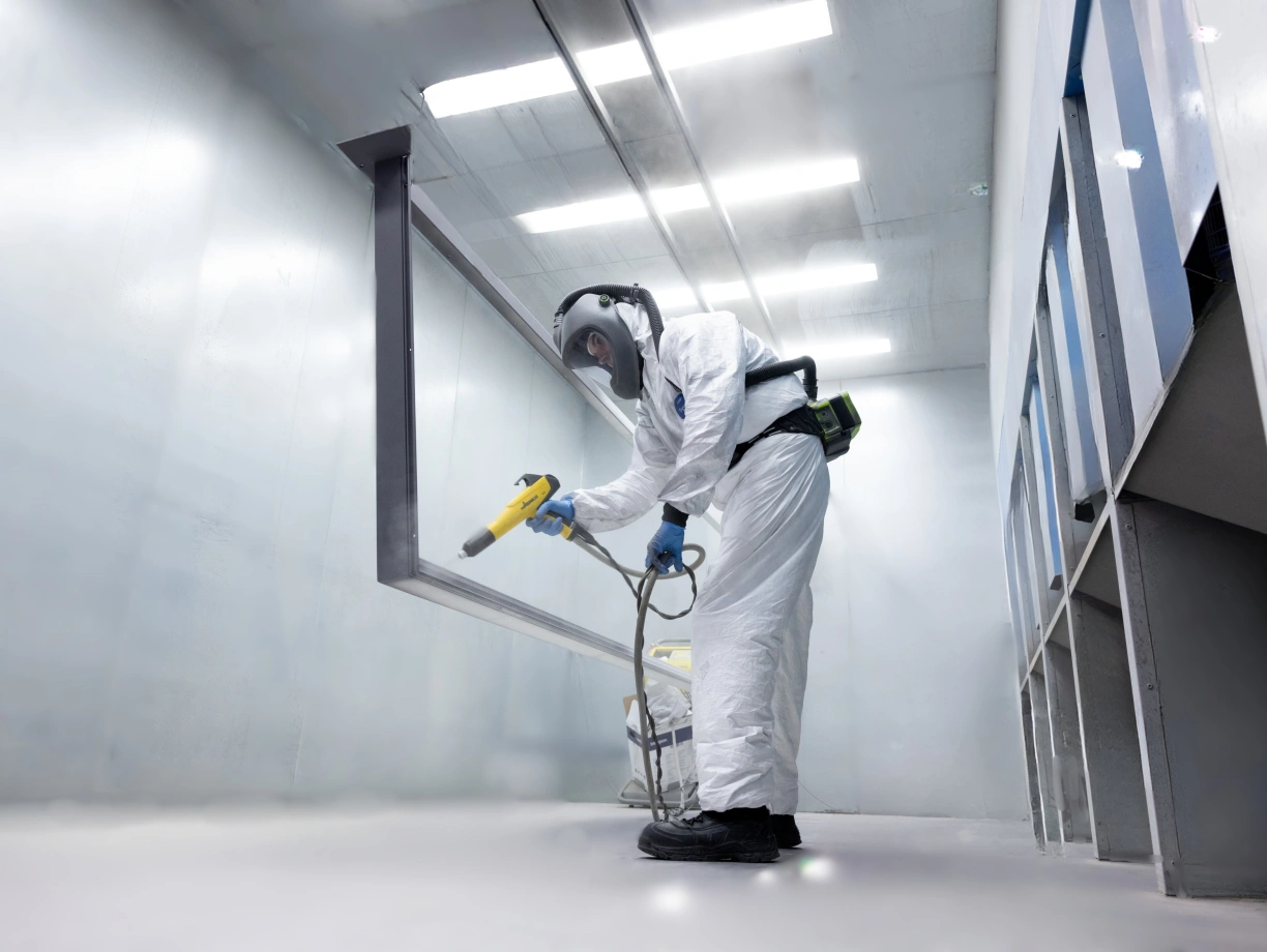Un trabajador veste un traje de protección completo aplicando pintura con una pistola en un entorno controlado. La habitación es iluminada con luces brillantes y tiene paredes de color claro.