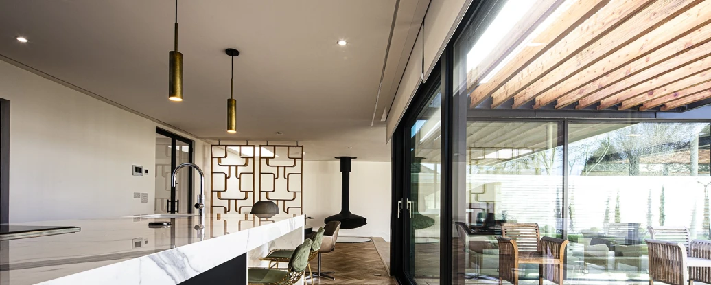 shows a kitchen with a skylight