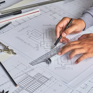Hands using a pencil and triangular ruler to measure and draw on architectural blueprints spread across a table. Various drafting tools, including a compass and pens, are scattered alongside the plans.