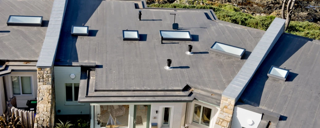 Top of roof showing flushglaze skylights