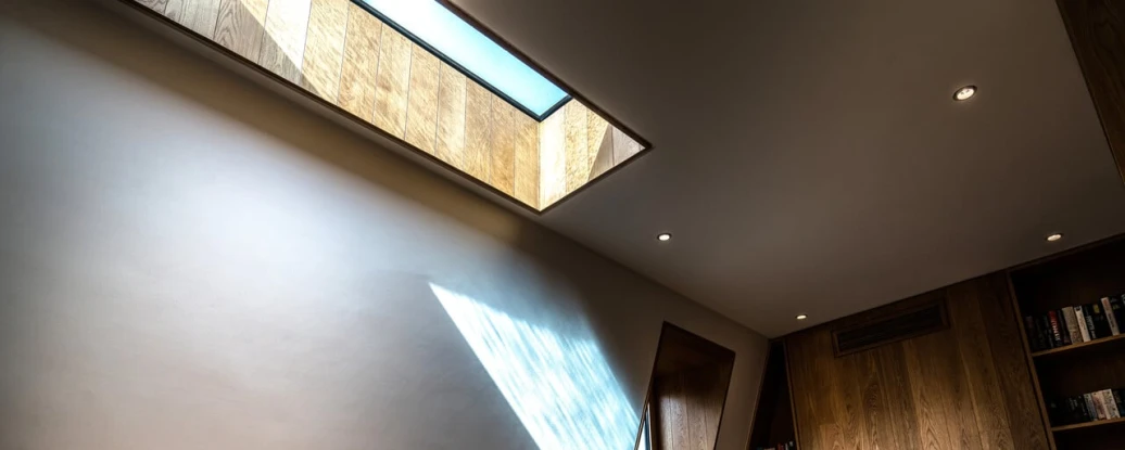 A modern study with wooden furniture, featuring a large skylight that casts a dramatic shadow on the wall. A wooden desk and chair are positioned near a window, with bookshelves visible in the background.