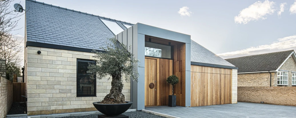 External view of house - on the roof the skylights are flush with the roof pannels