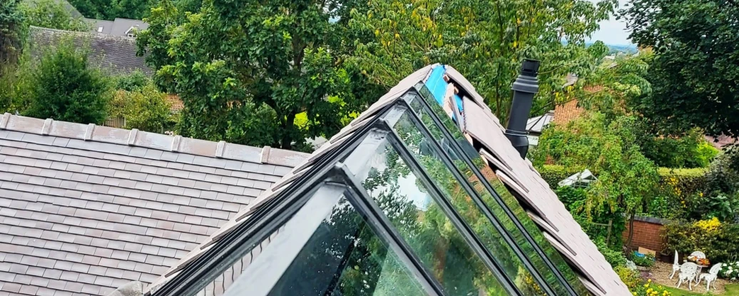 A sloped roof with large glass panels reflects greenery and a garden below, showcasing a cloudy sky in the background.