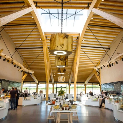 A spacious, modern restaurant interior featuring high wooden ceilings and large windows. Several display counters showcase food items, while patrons and staff are engaged in conversation and service. Bright lighting highlights the open design and natural materials.