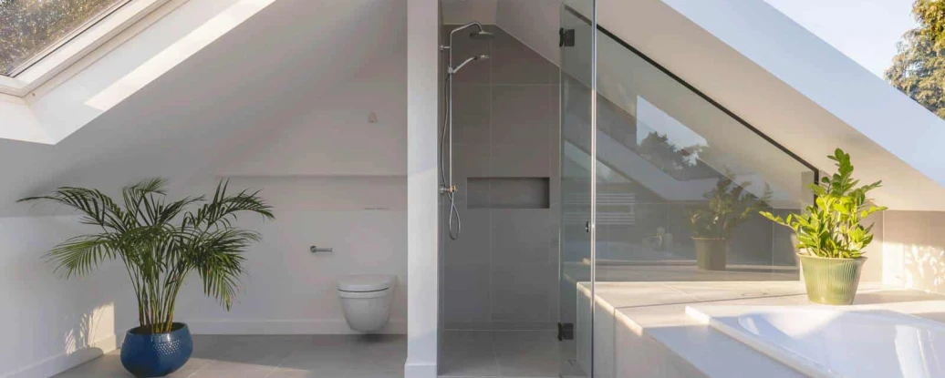 A modern bathroom with sloped ceilings featuring a glass shower, a white toilet, and a bathtub. Natural light streams in through a skylight, and a potted plant adds a touch of greenery. The floor is tiled in light gray.