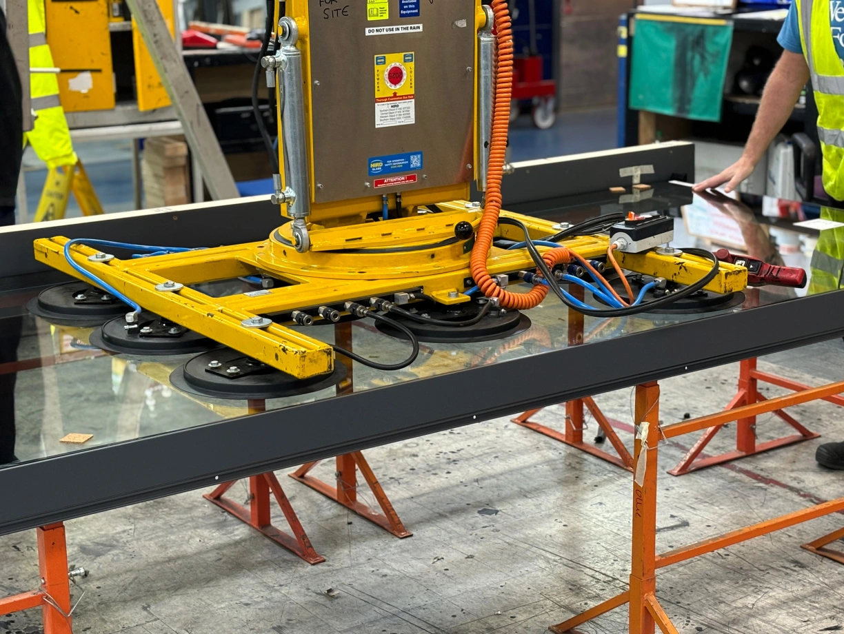 A glass lifting device positioned over a large sheet of glass on a workbench. The device features a yellow frame with suction cups and is connected to power and control cables. Background includes warehouse tools and equipment.